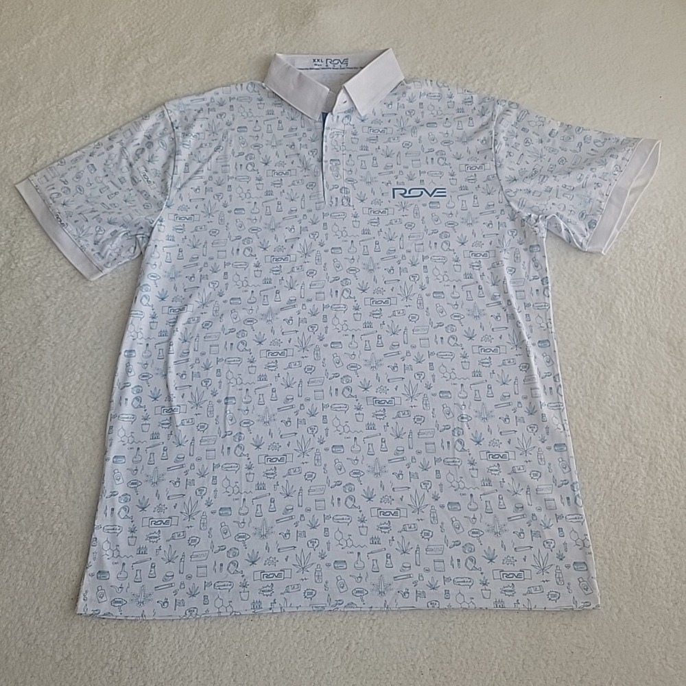ROVE GOLF Men's XXL White w/ Cannabis Theme Beaker Pipe Molecules Polo Shirt‎